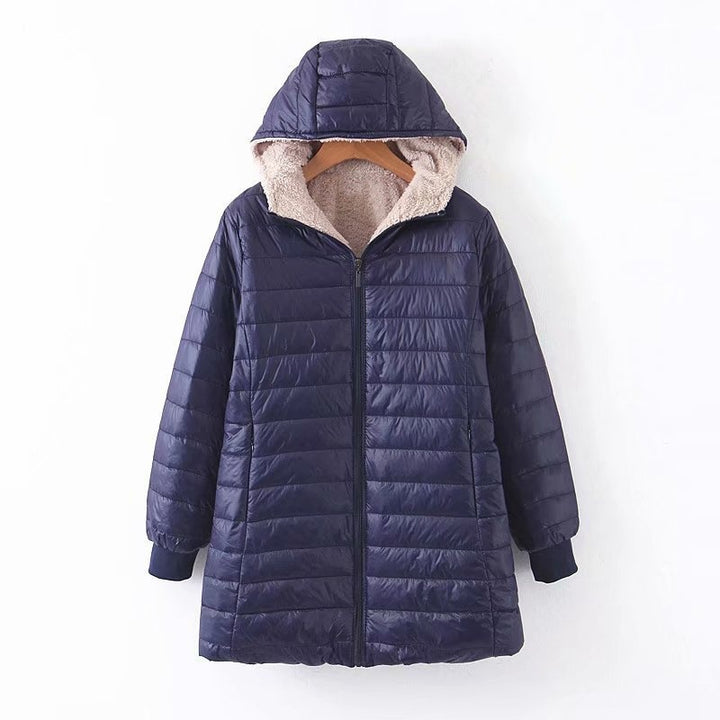 Lady down jacket with soft teddy lining and practical hood Lune London