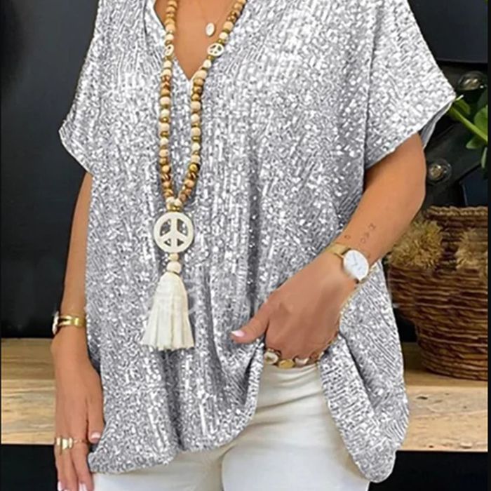 Women Sparkling Sequin Top with Casual Cut and V-Neck Lune London