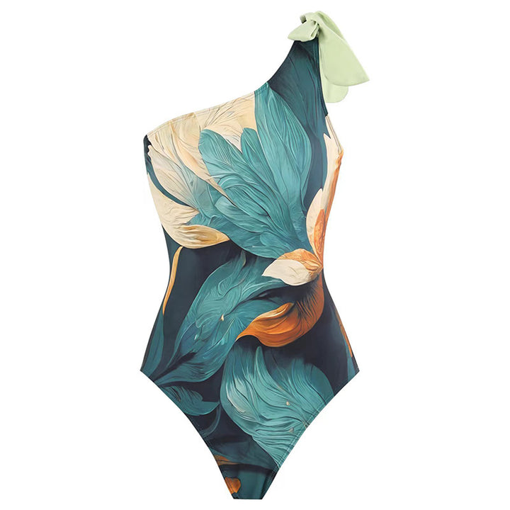 One-piece swimsuit for women with asymmetrical design and elegant wrap skirt Lune London