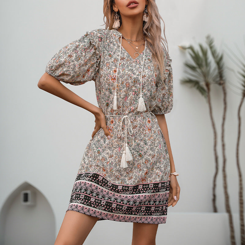 Short dress with short sleeves Women Bohemian style with fringe details Lune London