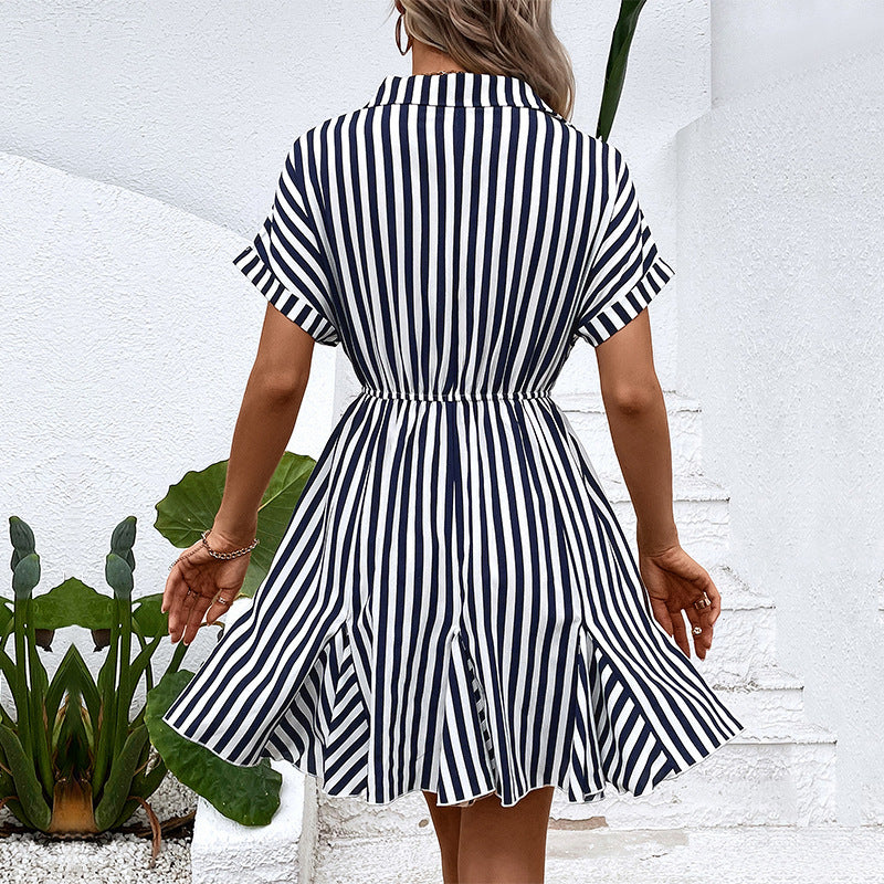 Striped wrap dress for women with adjustable cinch at the waist Lune London
