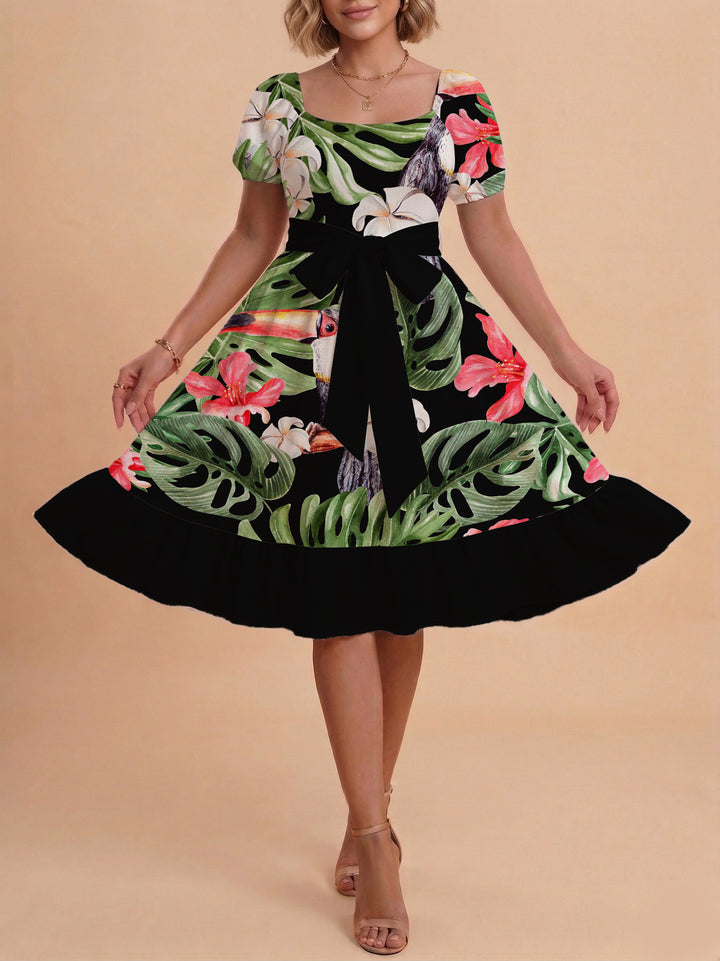 Women A-line dress with floral motifs and adjustable belt Lune London