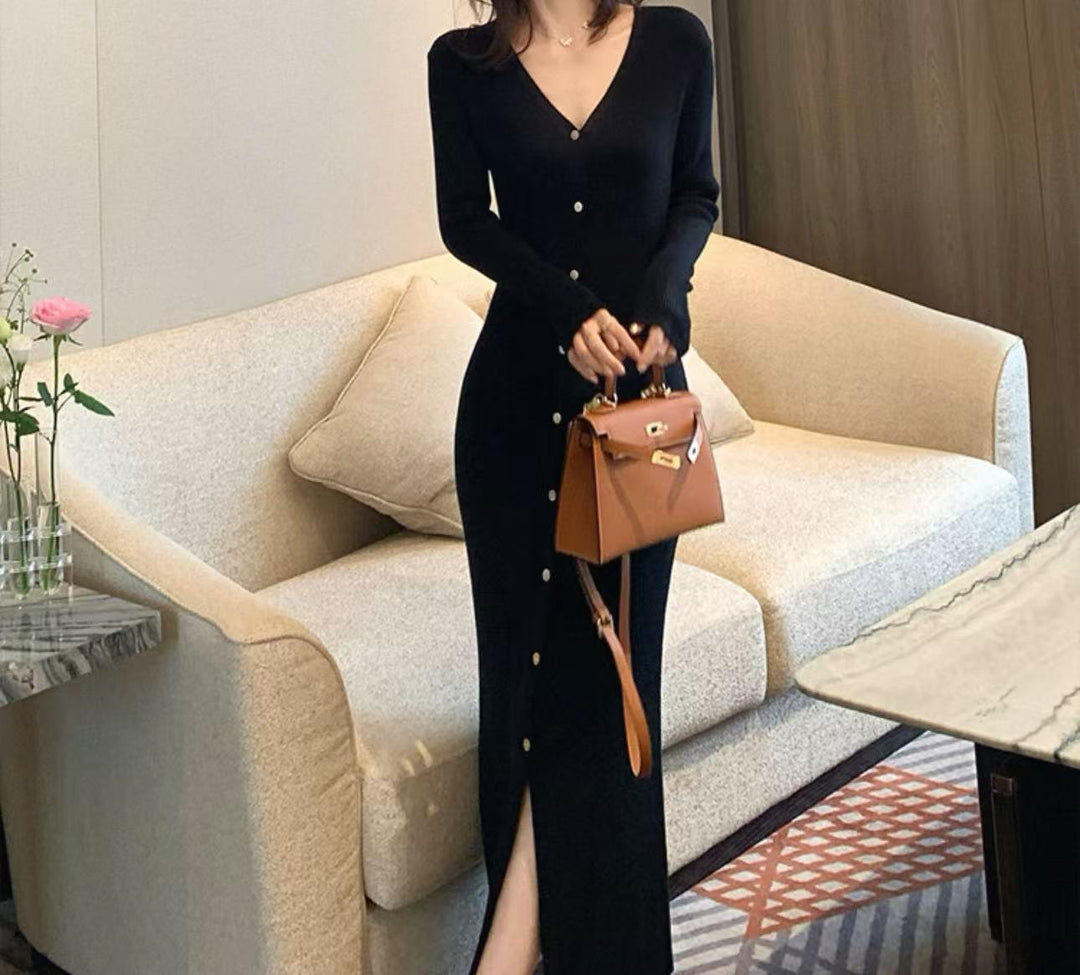 Ladies Elegant Maxi Dress with Button Details and Chic V Neckline and Style