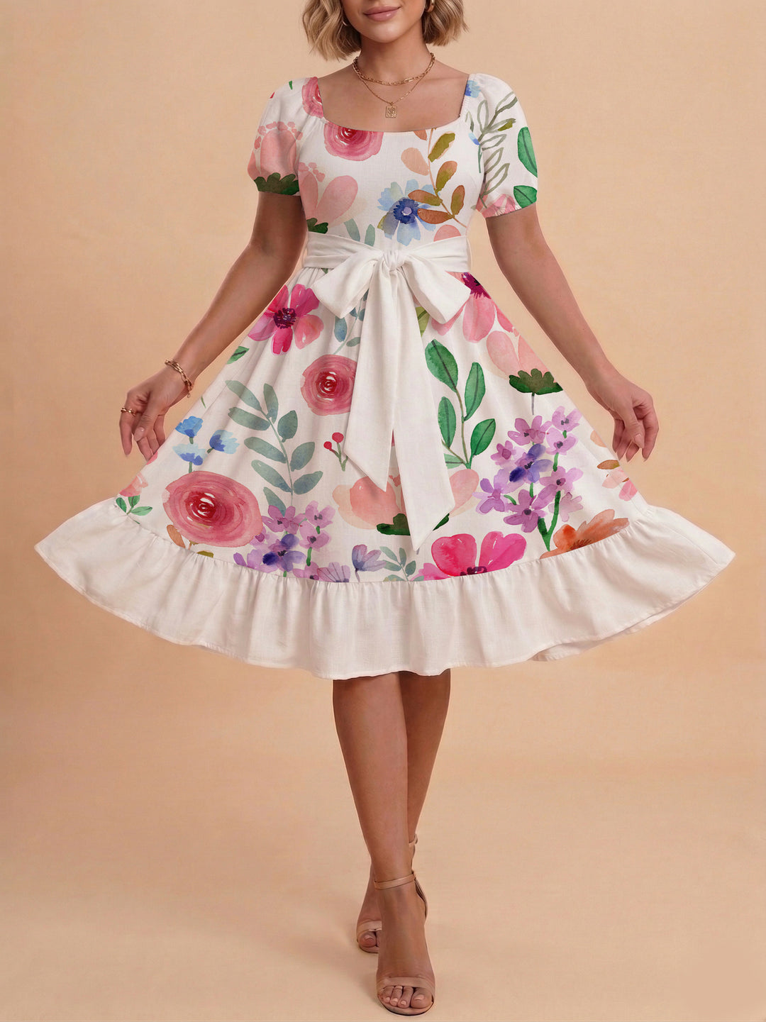 Women's elegant maxi dress with floral design and waist belt Lune London