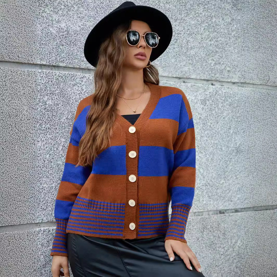 Knitted jacket for women with a striking striped pattern and large buttons Lune London