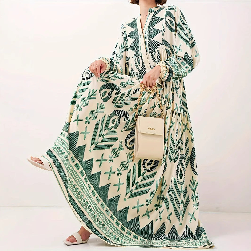 Maxi dress for women with artistic geometric pattern and button details Lune London