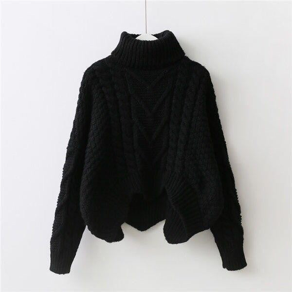 Thick knit pullover for women with high collar and cable pattern Lune London