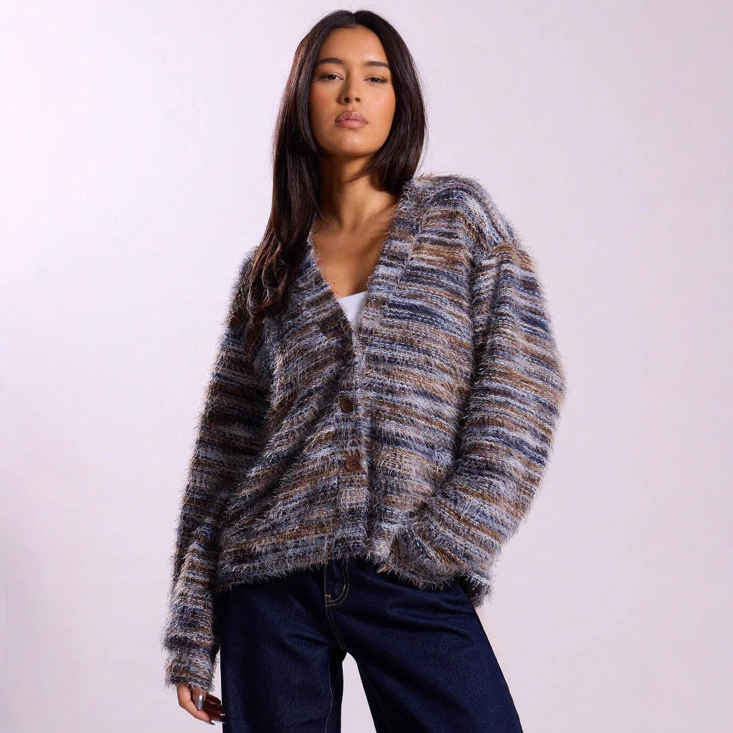 Pull en maille aérienne pour femmes avec décolleté en V profond et couleur dégradée charmante Chic & Stil