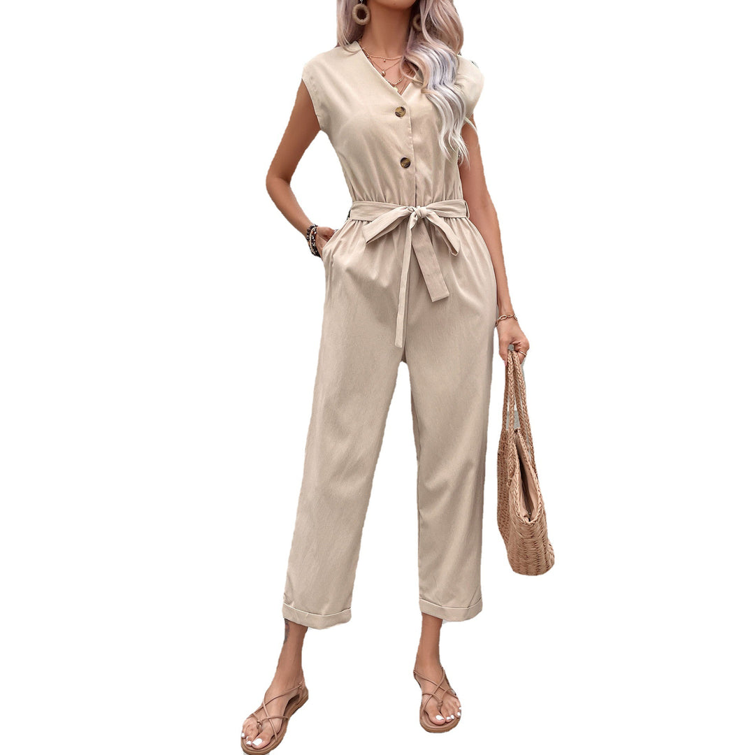 Women Slim Fit Sleeveless Utility Jumpsuit with Tie Belt Lune London
