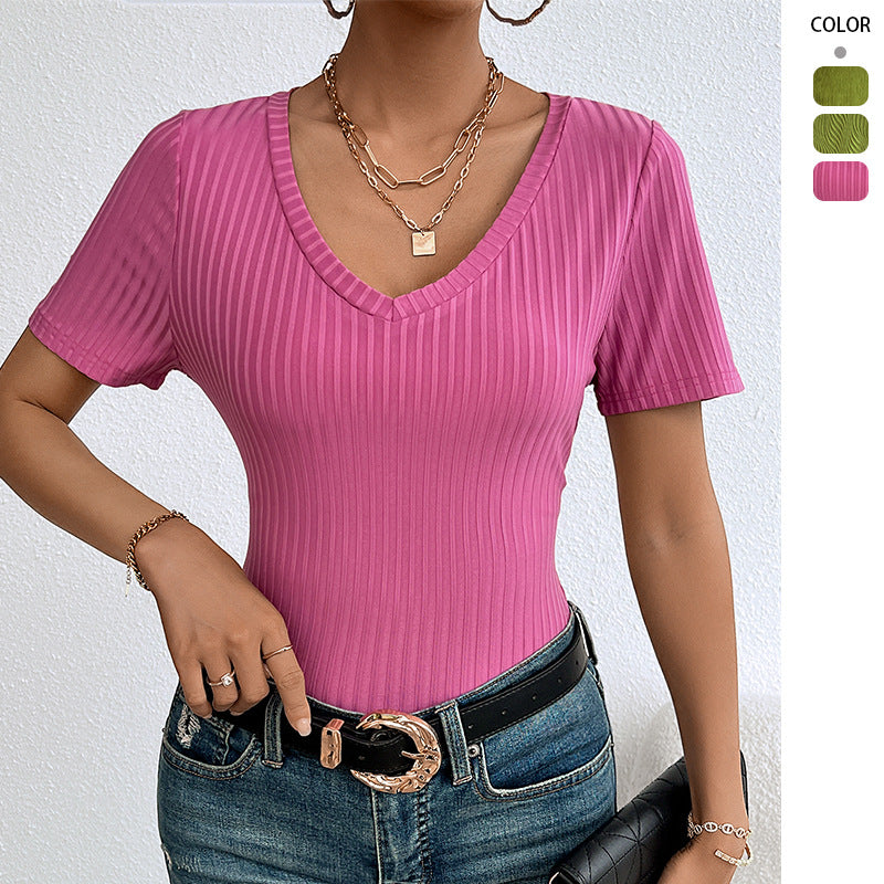 Women’s V Neck Short Sleeve Blouse with Fine Rib Structure Chic & Style