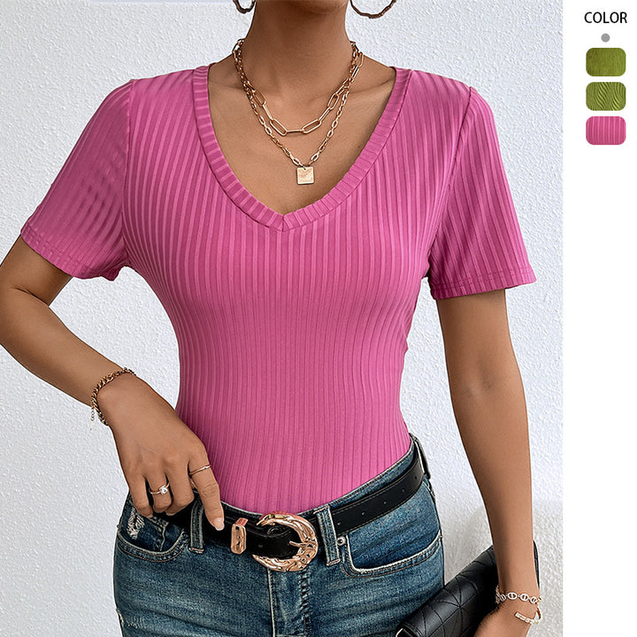 Women’s V Neck Short Sleeve Blouse with Fine Rib Structure Chic & Style