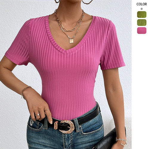 Women’s V Neck Short Sleeve Blouse with Fine Rib Structure Chic & Style