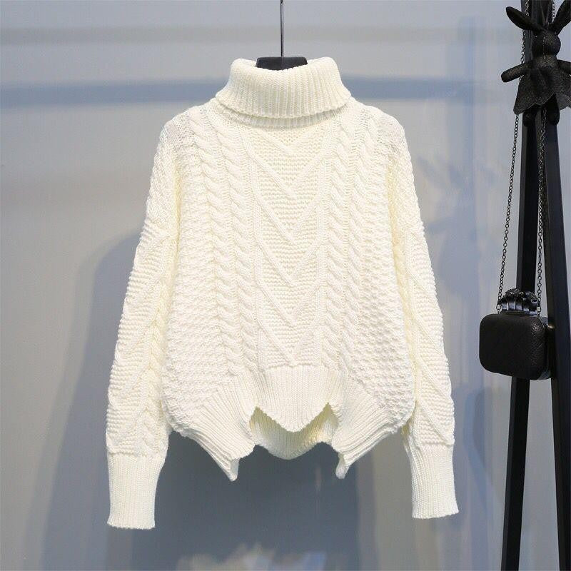 Thick knit pullover for women with high collar and cable pattern Lune London