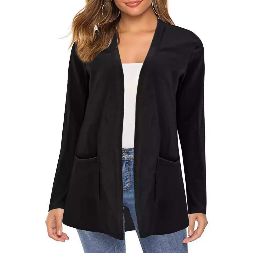Ladies Long Sleeve Cardigan with Practical Pockets and Open Cut Lune London