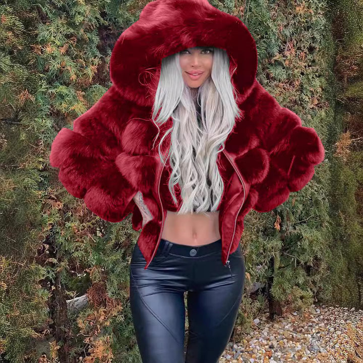 Ladies Cozy Faux Fur Jacket with Plush Hooded Collar Lune London