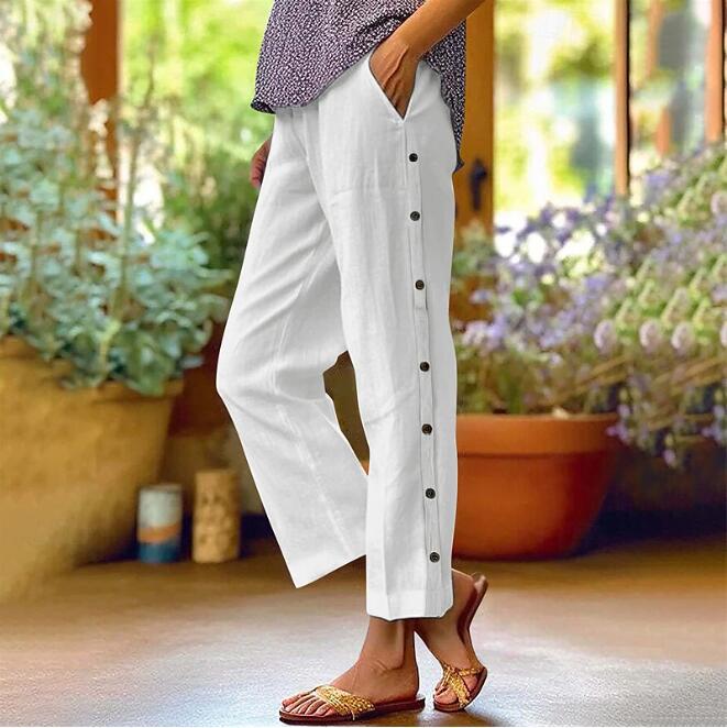 Linen pants for women with side button details and relaxed fit Lune London