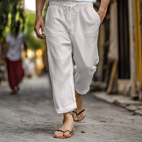 Casual and lightweight linen pants for men with elastic waist and practical side pockets Lune London
