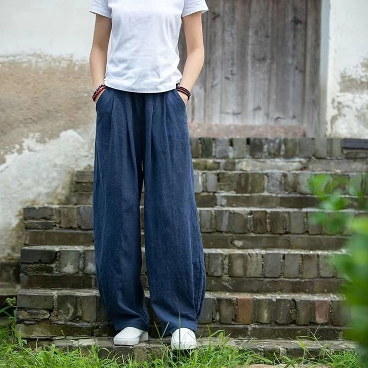 Wide linen pants for ladies with elastic waistband and side pockets Lune London
