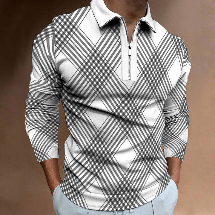Long sleeve polo shirt for men with a trendy check pattern and an elegant zipper Lune London