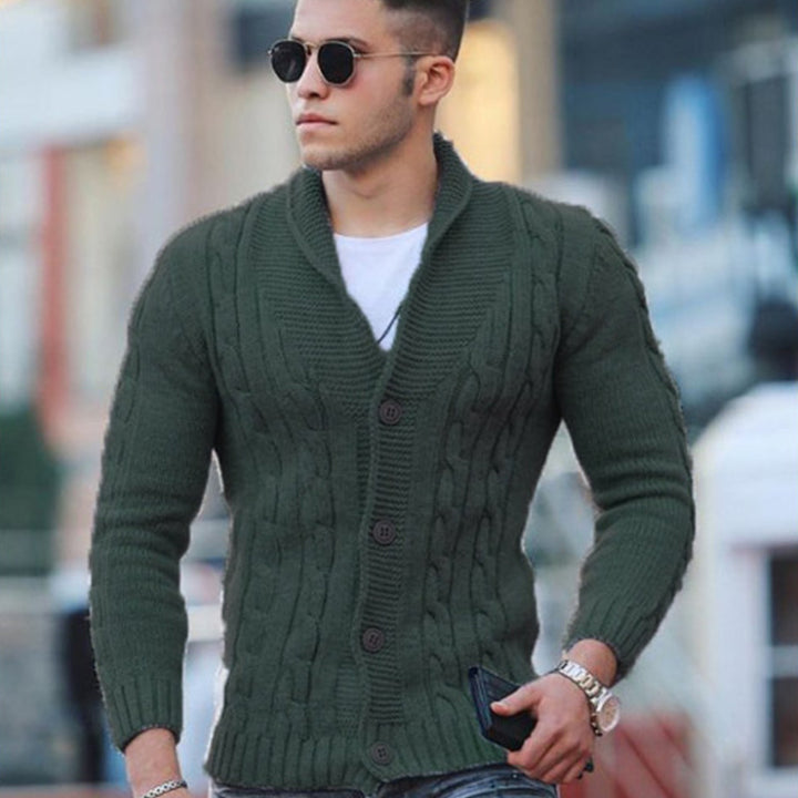 Men's knitted jacket with a unique cable pattern and a trendy shawl collar Lune London