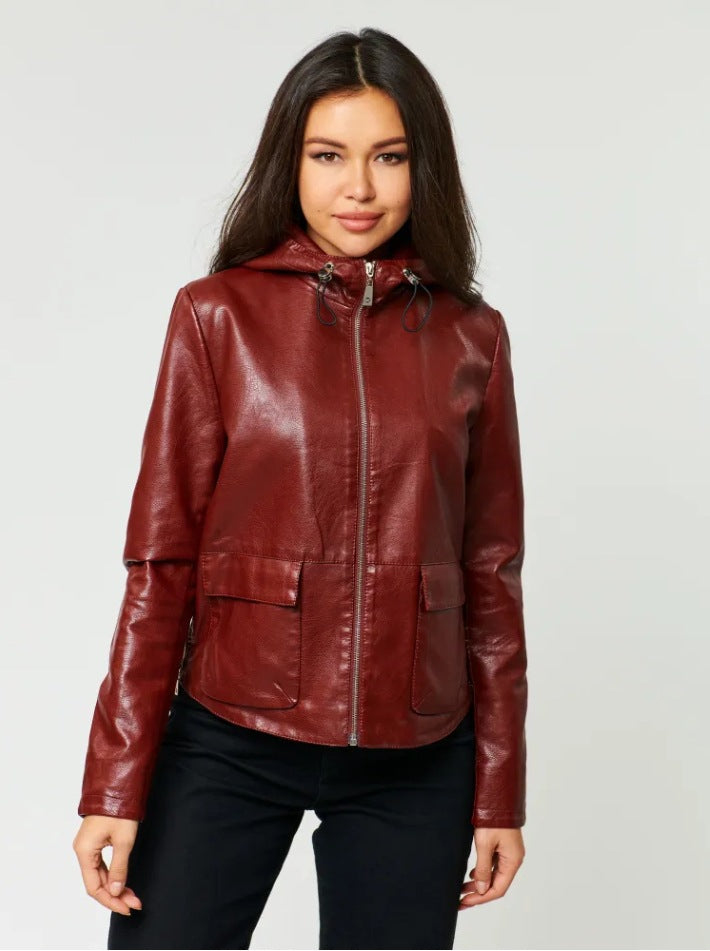 Faux leather jacket for women with integrated hood and practical pockets Lune London
