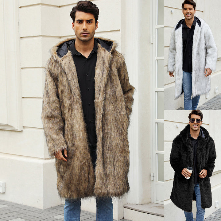 Long coat for men with hood in soft faux fur Lune London