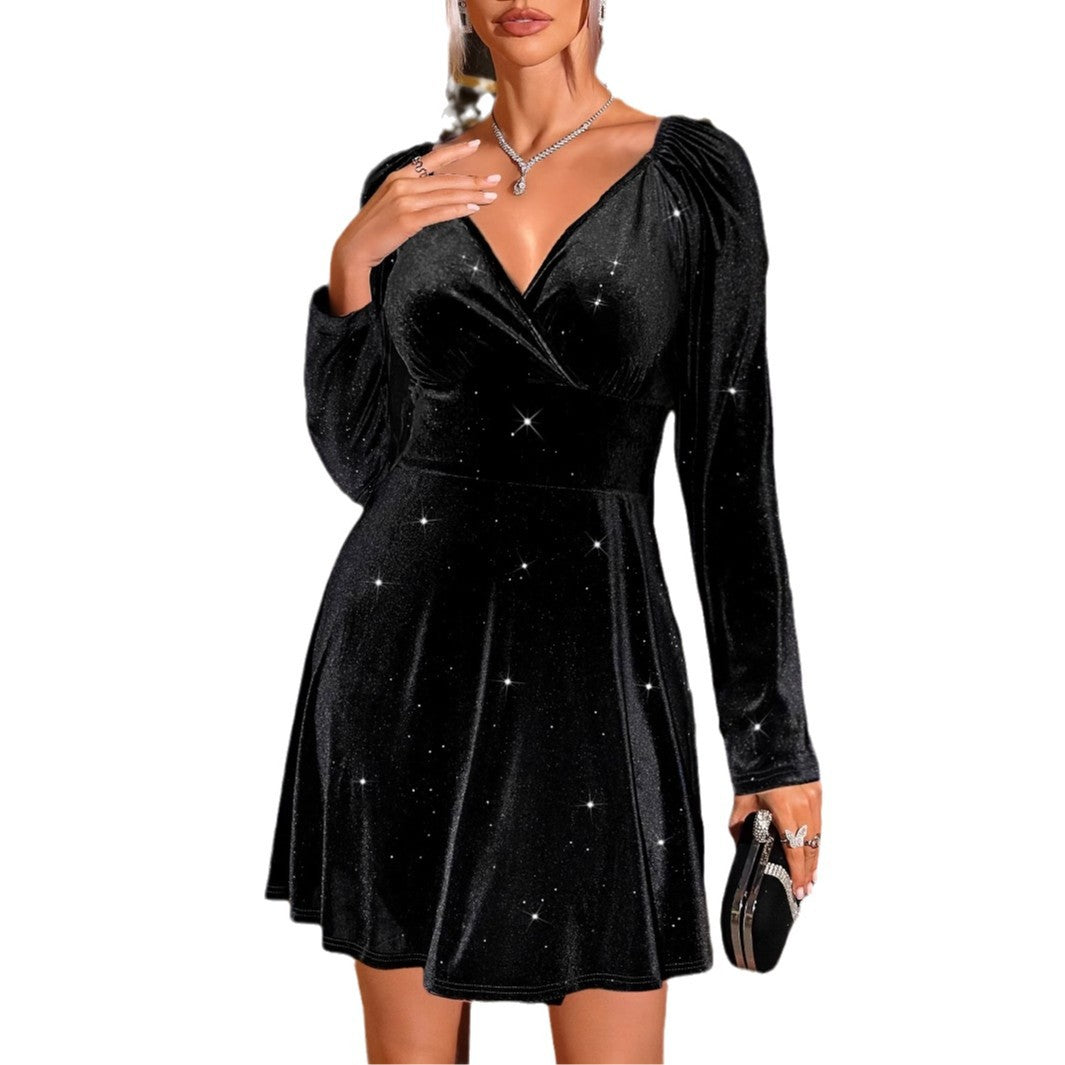 Glamorous evening dress for ladies with draped effect and long sleeves Lune London
