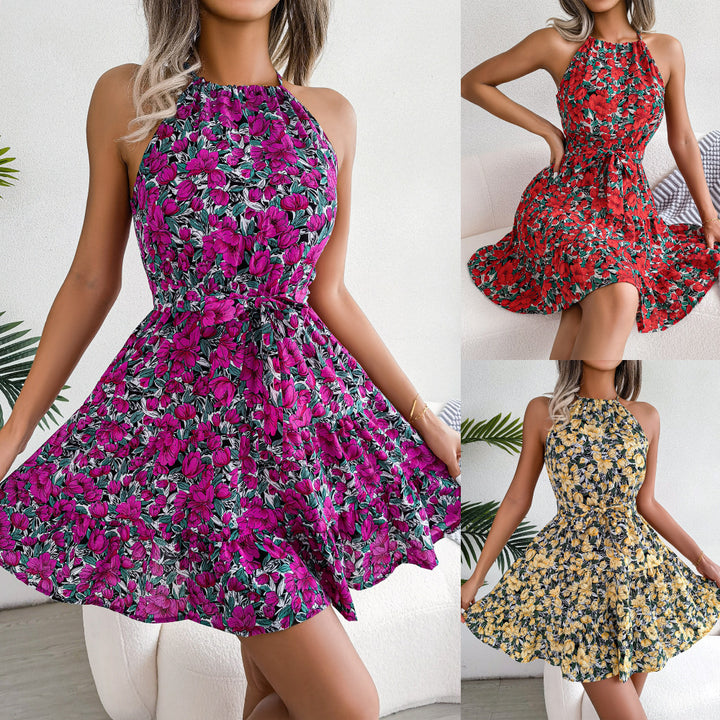 Short dress for women, floral print with high neckline and fitted silhouette Lune London