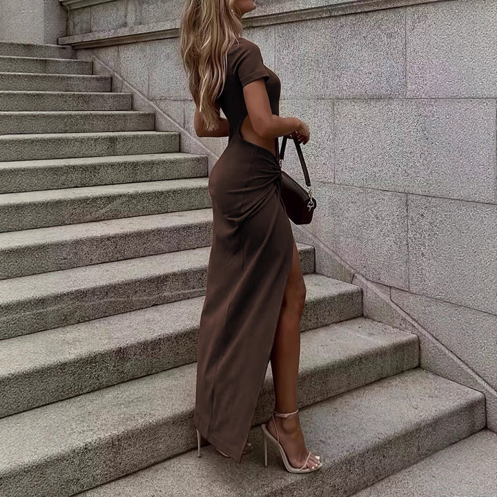 Women's maxi dress with side slit and knot detail Lune London