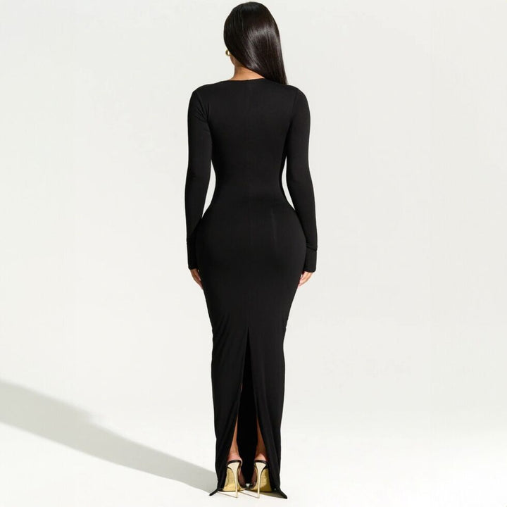 Elegant wrap maxi dress for women with asymmetric neckline Lune London