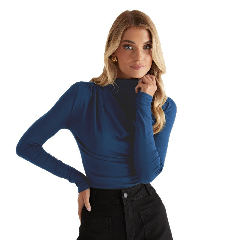 Women's Long Sleeve Shirt with Elegant Wrap Design and High Neck Collar Chic und Stil