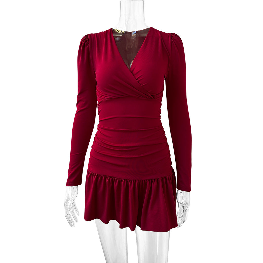 Women Figure-flattering Wrap Dress with Long Sleeves and Ruffle Hem Lune London