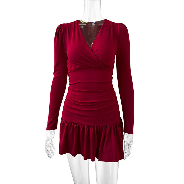 Women Figure-flattering Wrap Dress with Long Sleeves and Ruffle Hem Lune London