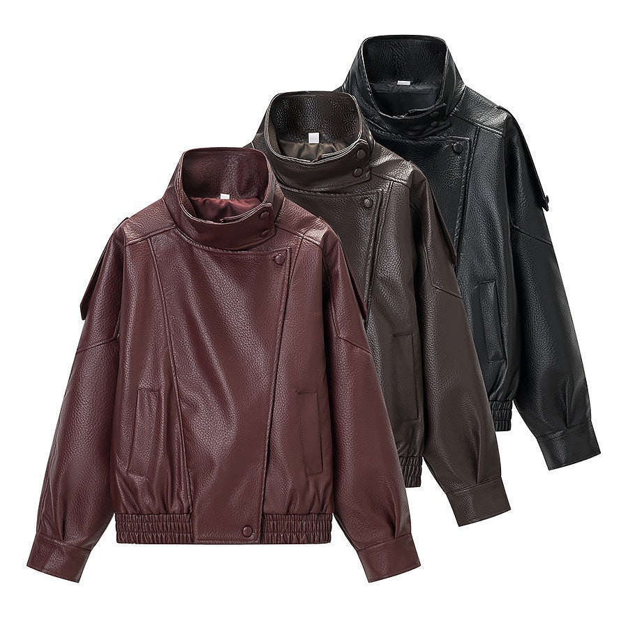 Veste en faux cuir à la mode pour femmes avec col haut et poches pratiques Chic & Stil