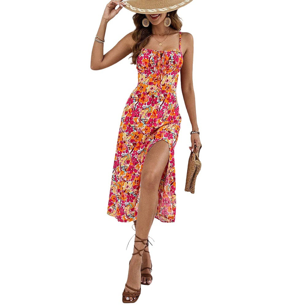 Robe midi florale pour femmes avec fente latérale et bretelles spaghetti Chic & Stil