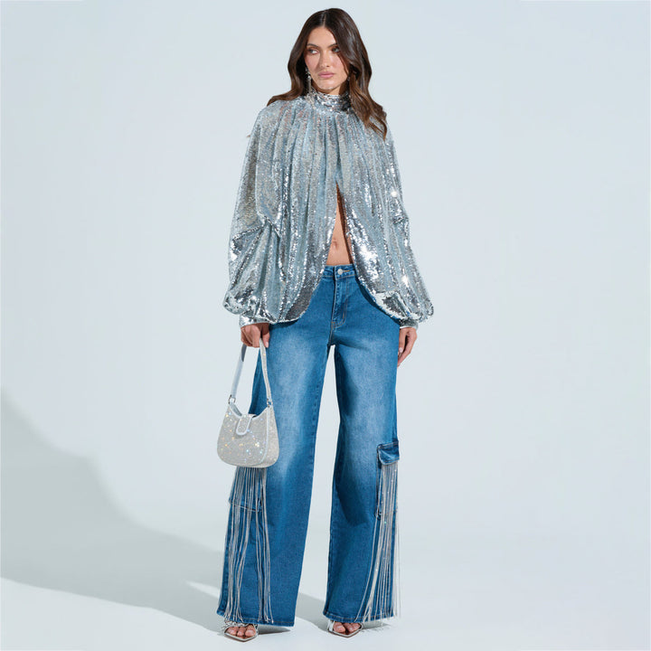 Women's cargo jeans with sparkling fringes and deep side pockets Lune London