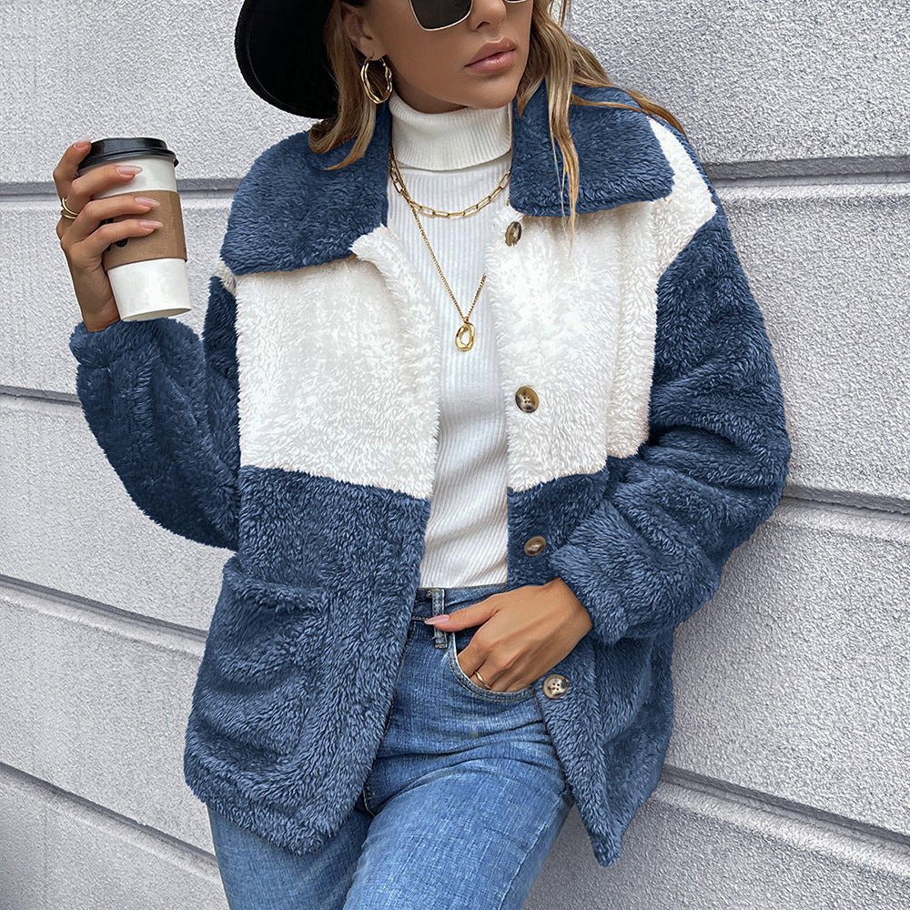 Women's faux fur jacket with practical pockets and trendy colorblock design Lune London