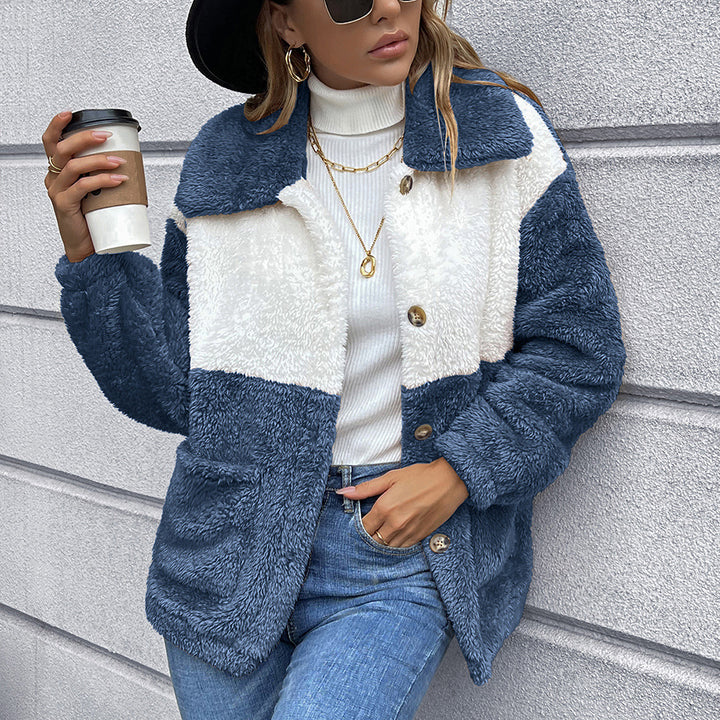 Women's faux fur jacket with practical pockets and trendy colorblock design Lune London