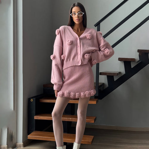 Knitted jacket for women with floral design and matching skirt Lune London