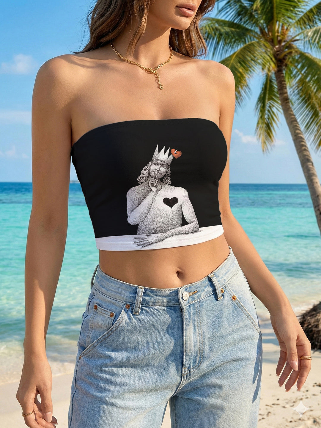 Women's bandeau top with floral bird motif and elastic fit Lune London
