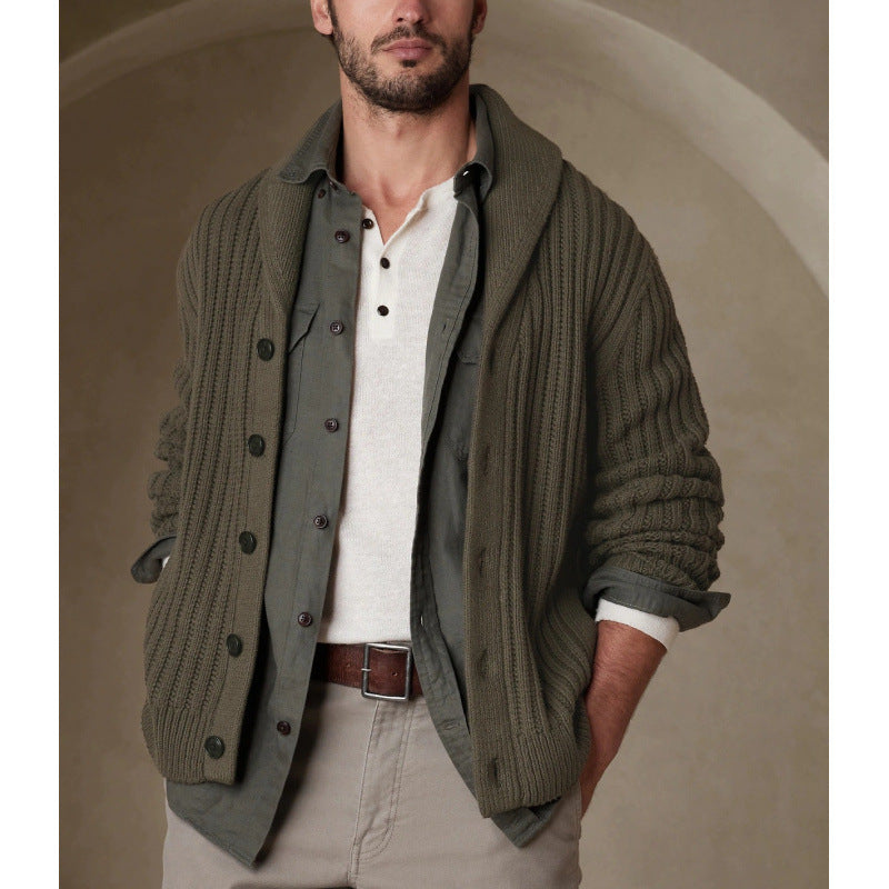 Men's knitted jacket with a modern cable pattern and classic folded collar Lune London