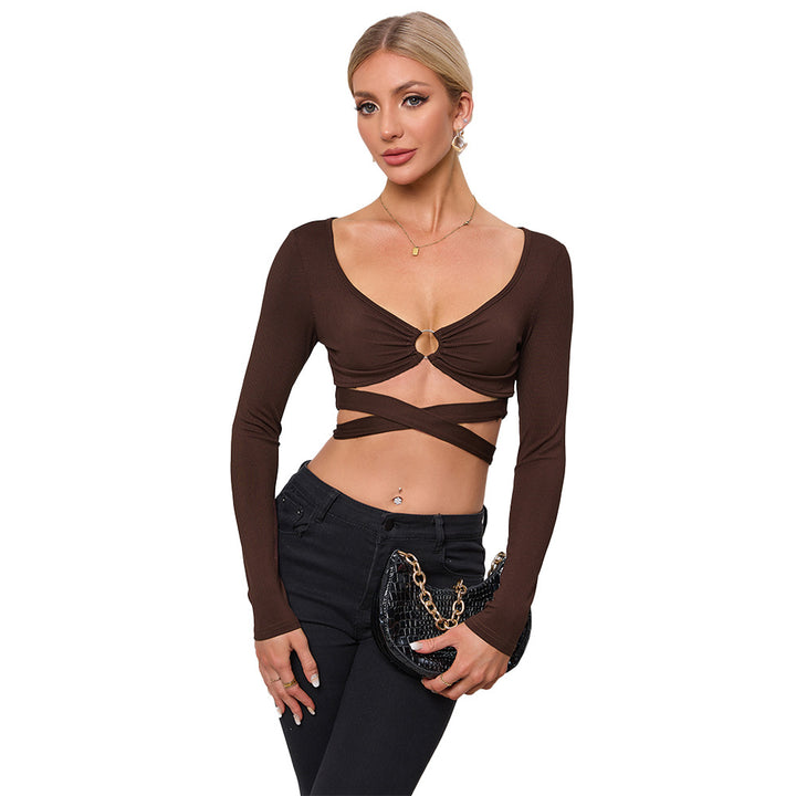 Women's cropped long sleeve shirt with decorative ring and wrap design Chic & Stil