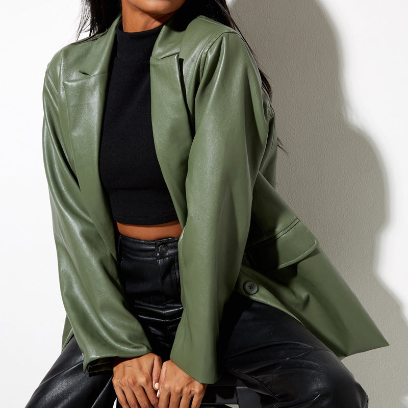 Ladies Oversized Blazer in Faux Leather Lune London