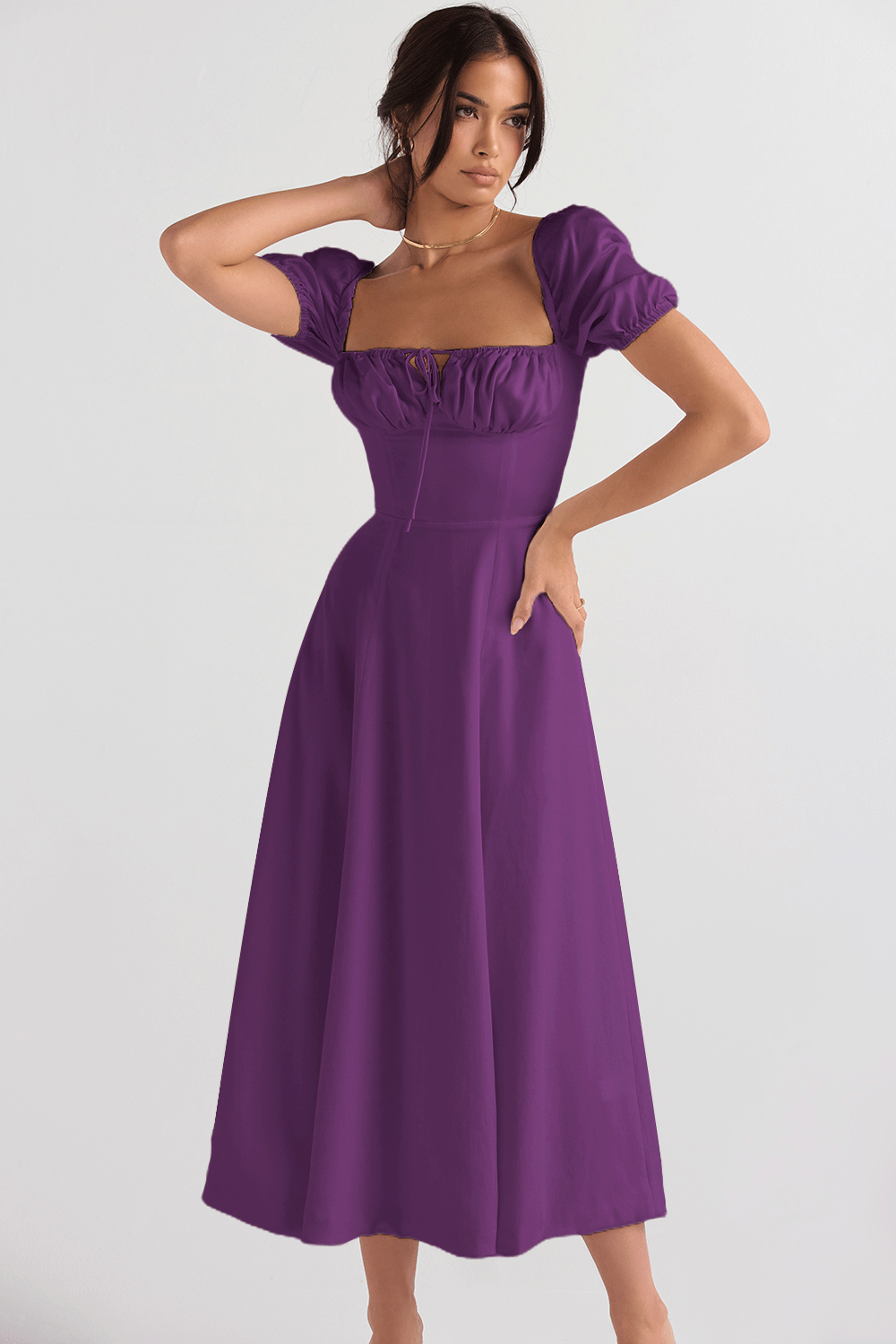 Elegant Midi Dress for Women with Puff Sleeves and Chic Refined Neckline & Style