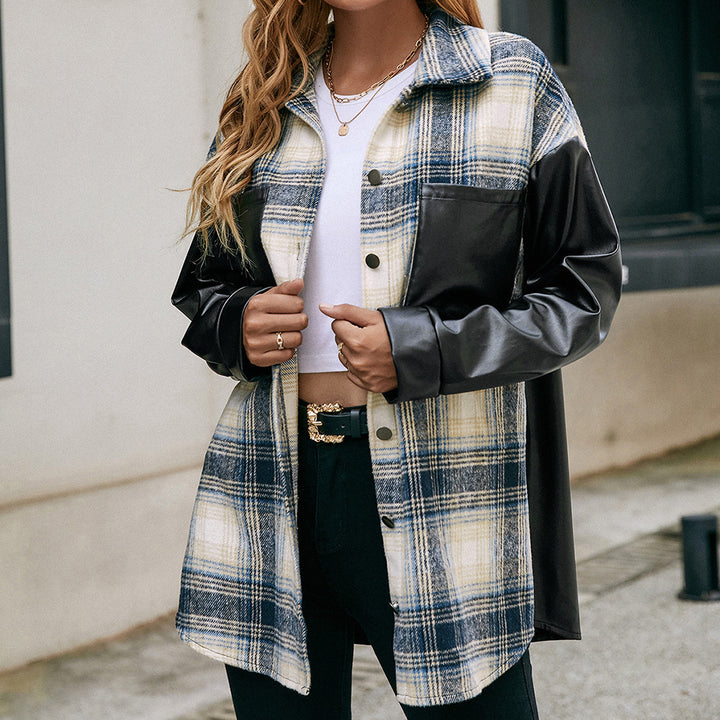 Women's overshirt with faux leather sleeves and checked pattern Lune London