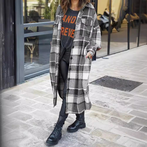 Ladies Long Checkered Coat with Practical Pockets and Button Closure Lune London