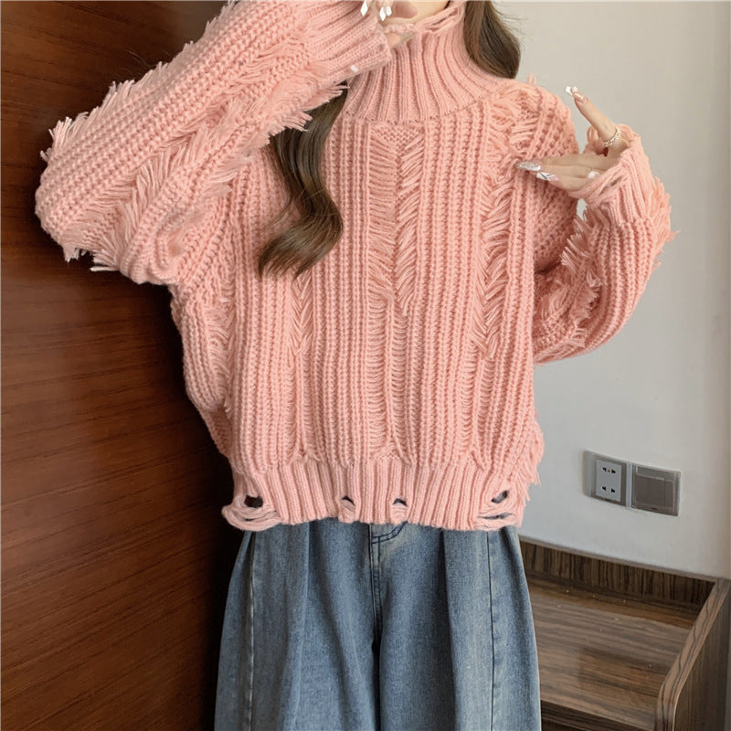 Pull en tricot épais pour femme avec col montant et éléments de design à franges Chic & Stil