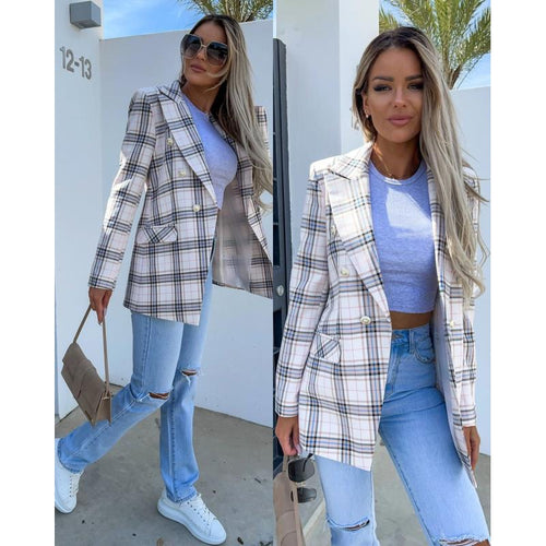 Plaid women's blazer with double-breasted buttons and stylish details Lune London