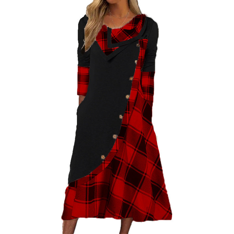 Lune London | Plaid Split Button Pocket Stacked Collar Long Sleeve Dress