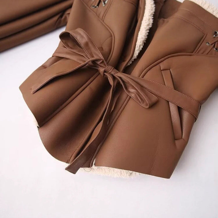 Faux leather jacket for women with warm shearling lining and elegant lacing details Lune London